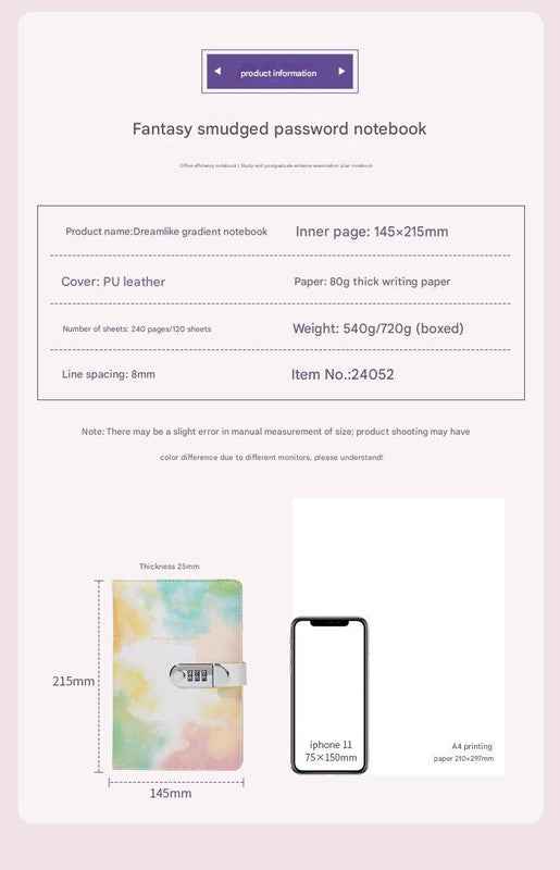 A5 Tie-Dye Journal with Lock – 240 Pages, Soft-Touch Pink & Green Cover