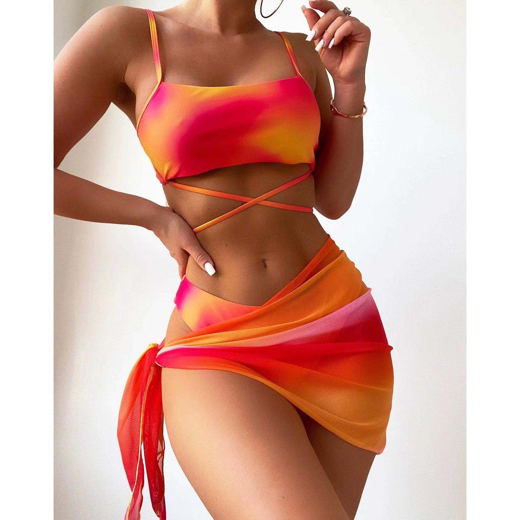 Women's Tie-Dye Bikini Set with Mesh Skirt - Three-Piece Swimwear - Dye My World