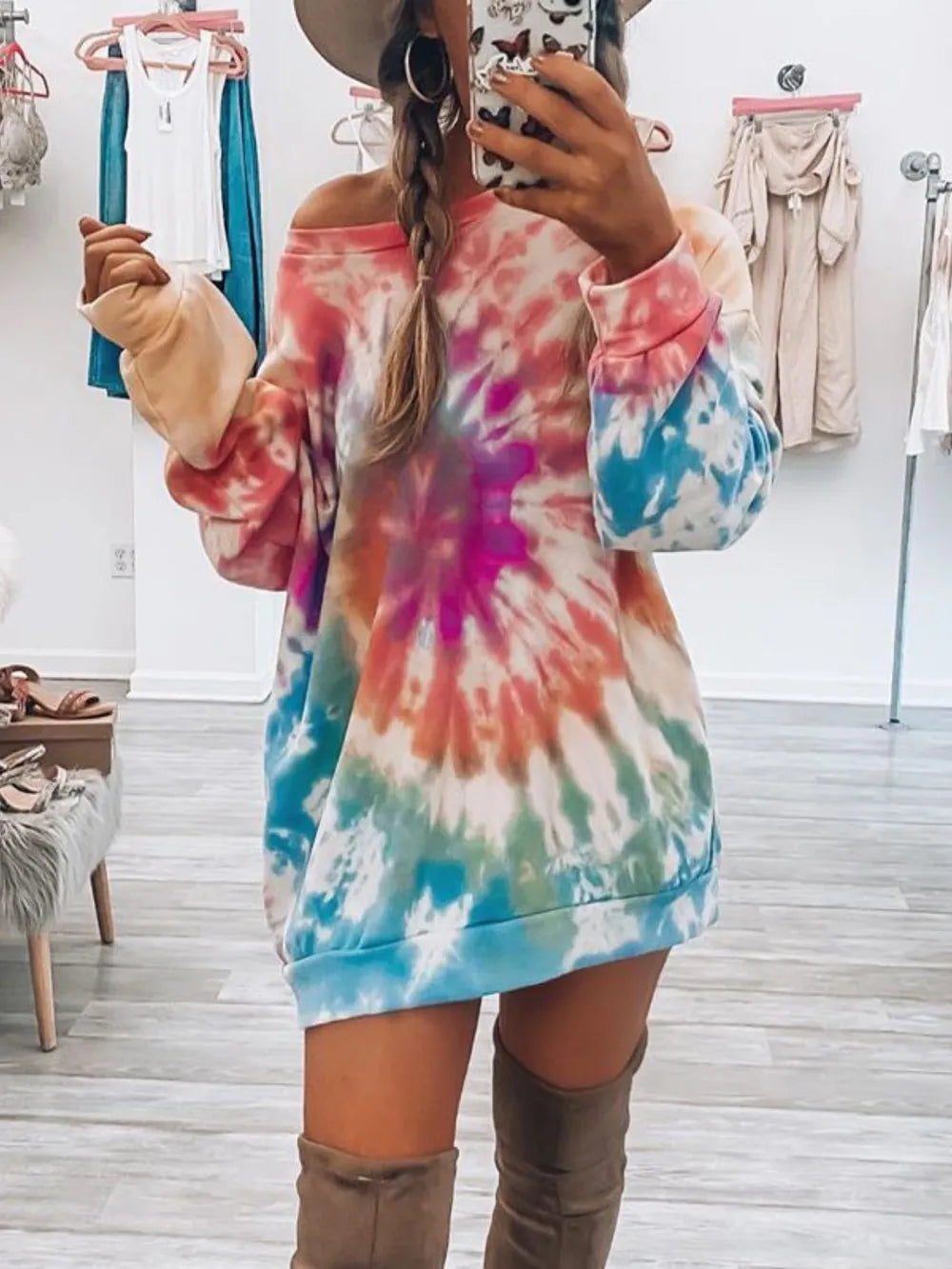 Women's Tie-Dye Long Sleeve Dress with Round Neck - Dye My World