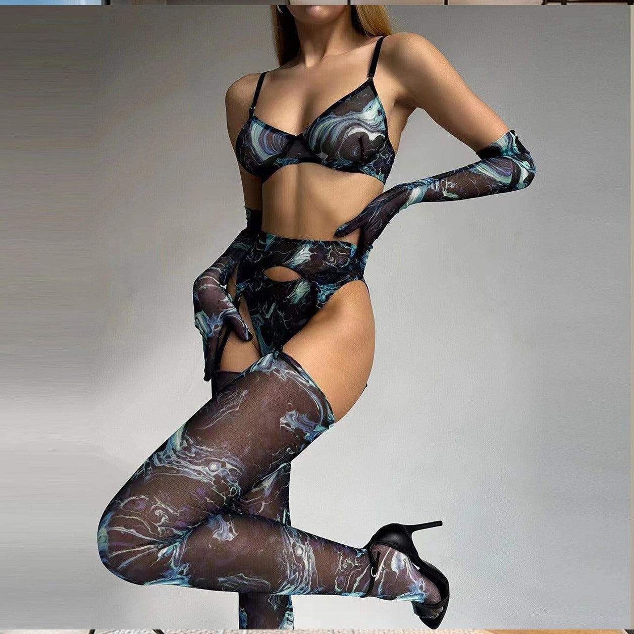 Women’s Tie-Dye Lingerie Set - Five-Piece Mesh Ensemble - Dye My World