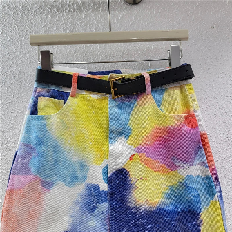 Women's Tie-Dye Denim Skirt - Mid to High Waist A-Line Color Block Trendy Style - Dye My World
