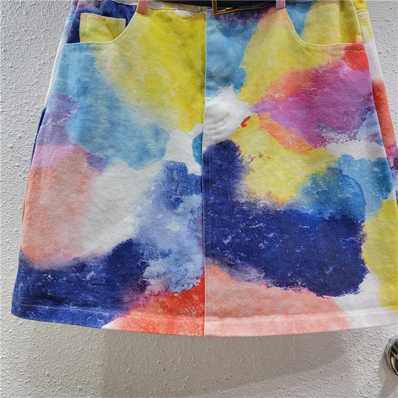 Women's Tie-Dye Denim Skirt - Mid to High Waist A-Line Color Block Trendy Style - Dye My World