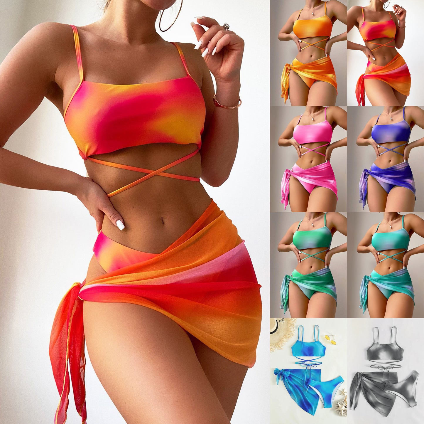 Women's Tie-Dye Bikini Set with Mesh Skirt - Three-Piece Swimwear - Dye My World
