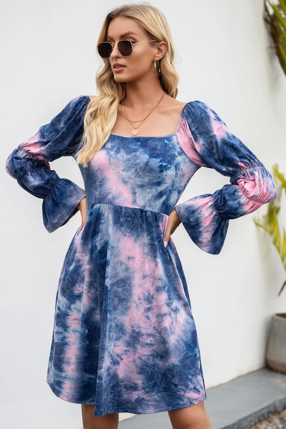 Women's Tie-Dye Dress – Square Neck with Flounce Sleeves for Trendy Summer Style - Dye My World
