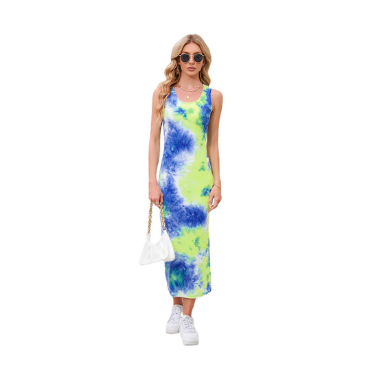 Women's Tie-Dye Maxi Dress - Sleeveless Fitted Round Neck for Effortless Style - Dye My World
