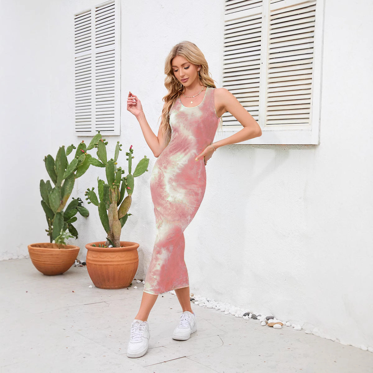 Women's Tie-Dye Maxi Dress - Sleeveless Fitted Round Neck for Effortless Style - Dye My World
