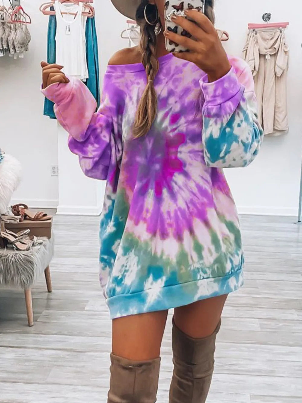 Women's Tie-Dye Long Sleeve Dress with Round Neck - Dye My World