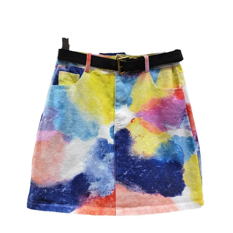 Women's Tie-Dye Denim Skirt - Mid to High Waist A-Line Color Block Trendy Style - Dye My World