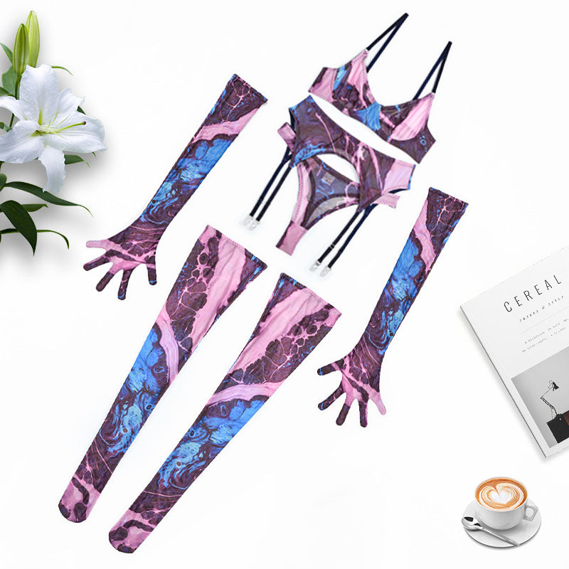 Women’s Tie-Dye Lingerie Set - Five-Piece Mesh Ensemble - Dye My World