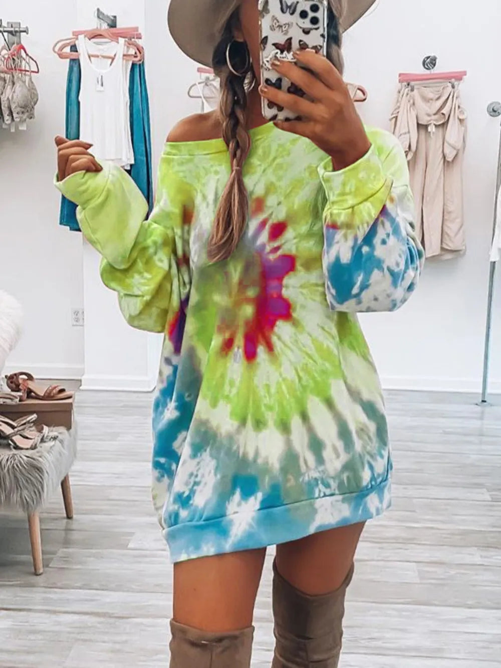 Women's Tie-Dye Long Sleeve Dress with Round Neck - Dye My World