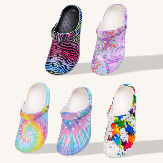 Tie-Dye Garden Clogs for Women - Lightweight Non-Slip Slip-On Comfortable Two-Way Wear Beach Slides