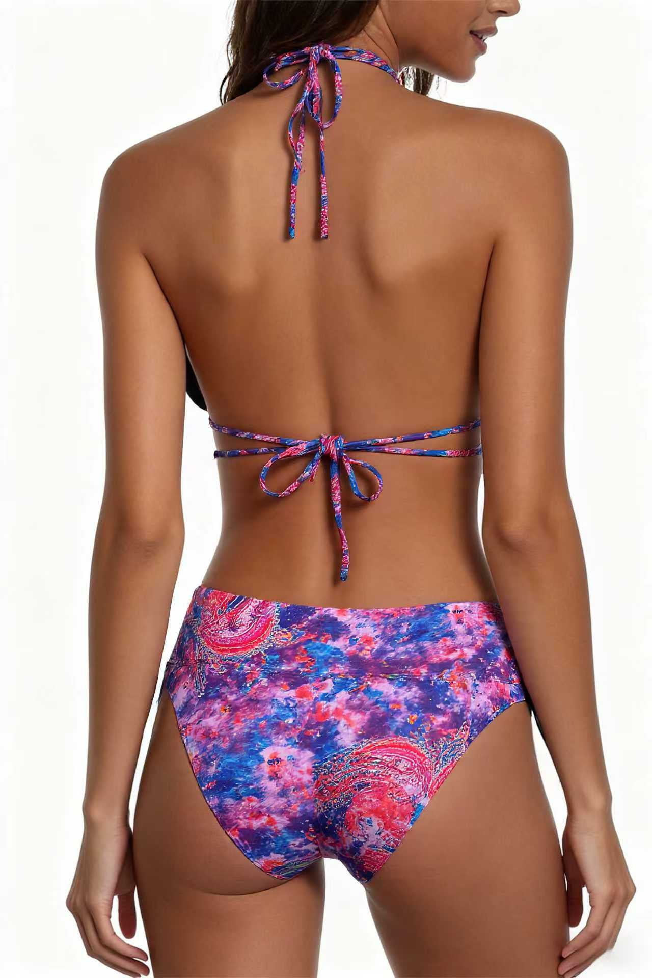 Double Strap Tie-Dye Bikini Size XL with Cosmic Pattern Deep V Swimwear