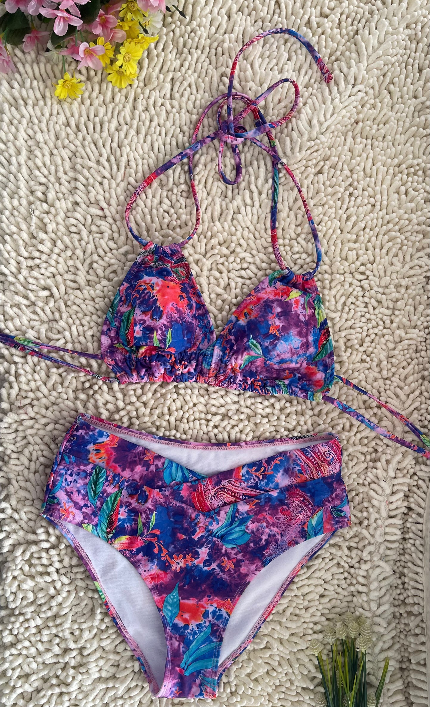 Double Strap Tie-Dye Bikini Size XL with Cosmic Pattern Deep V Swimwear