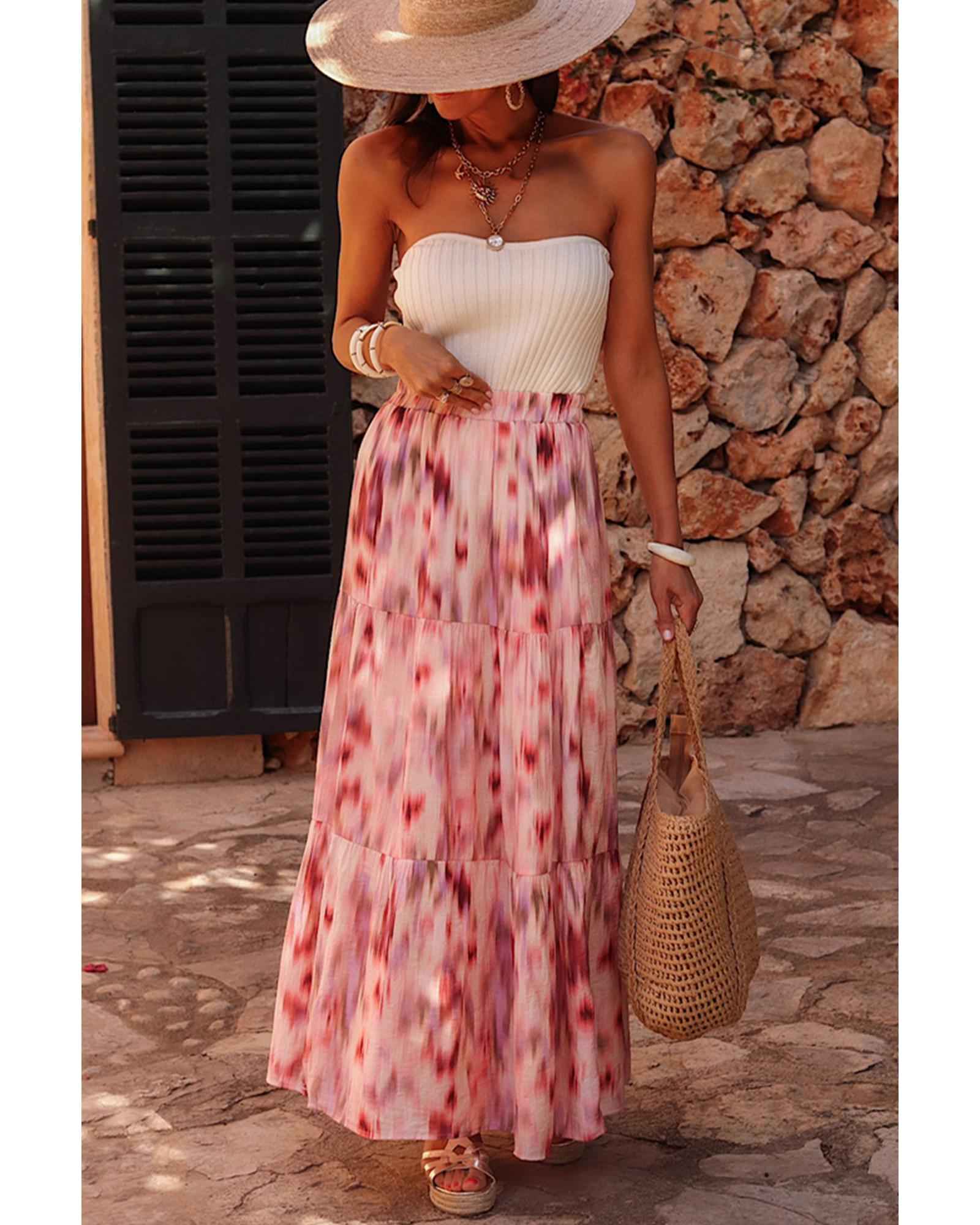 Pink Watercolor Tie-Dye Maxi Skirt – Tiered Design for Women’s Size L