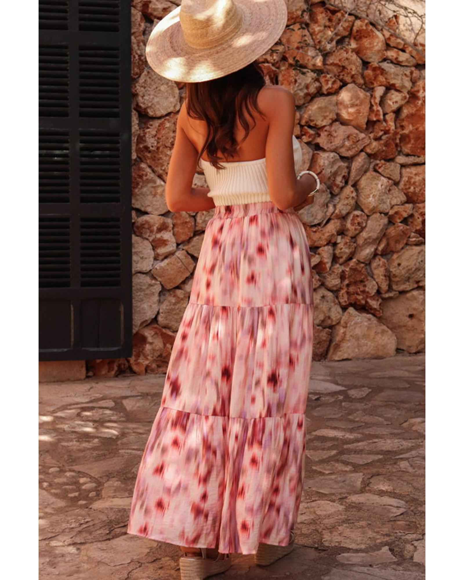 Pink Tie-Dye Maxi Skirt – Women's XL Watercolor Tiered Design