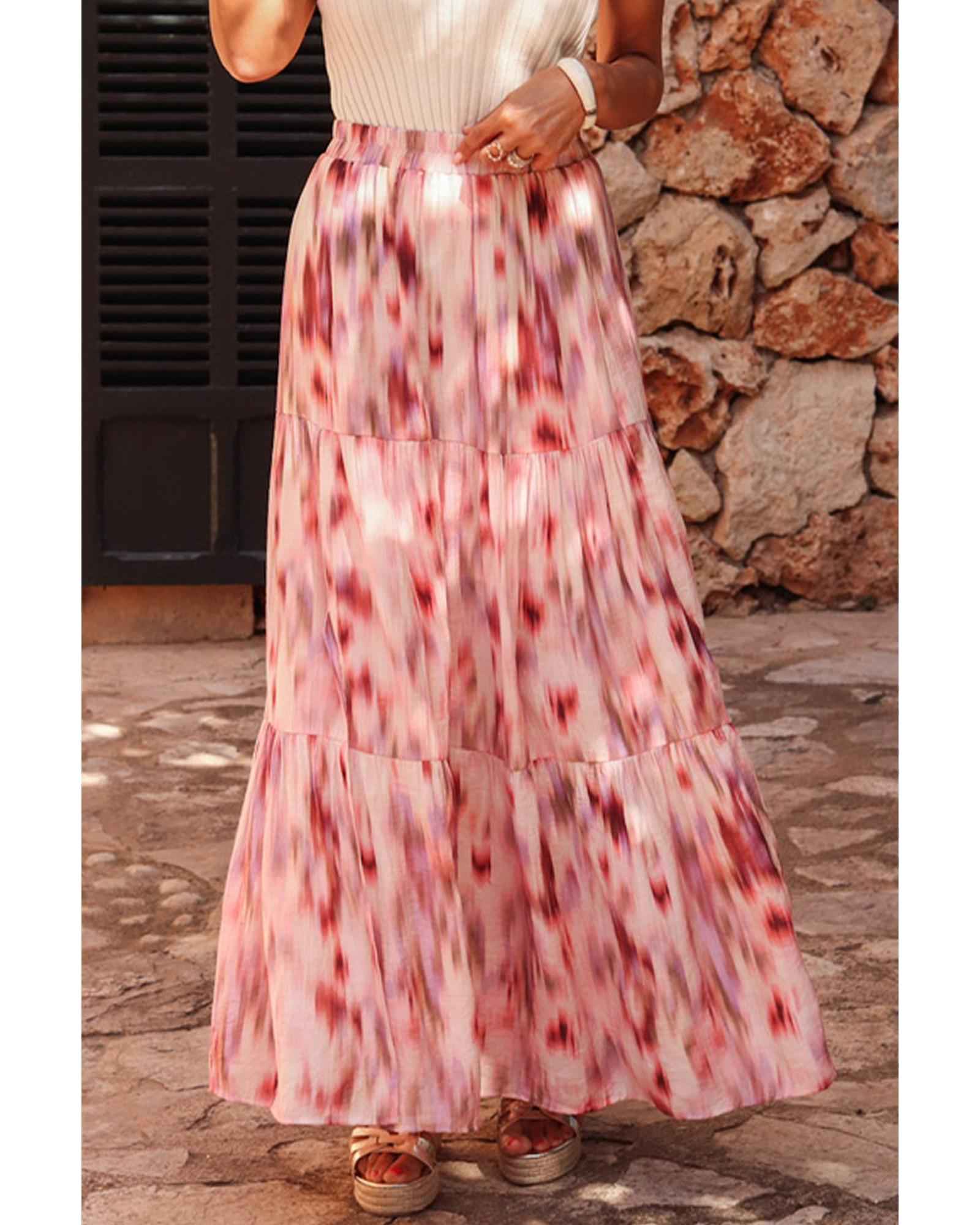 Pink Tie-Dye Maxi Skirt – Women's XL Watercolor Tiered Design