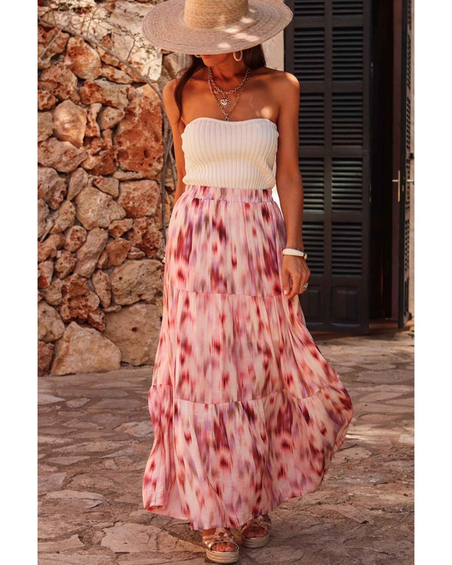 Pink Tie-Dye Maxi Skirt – Women's XL Watercolor Tiered Design