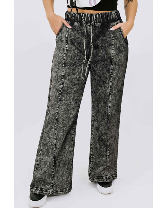 Street Style Plus Size Wide Leg Jeans – Black Tie-Dye Splicing with Drawstring Fit, Size 2X