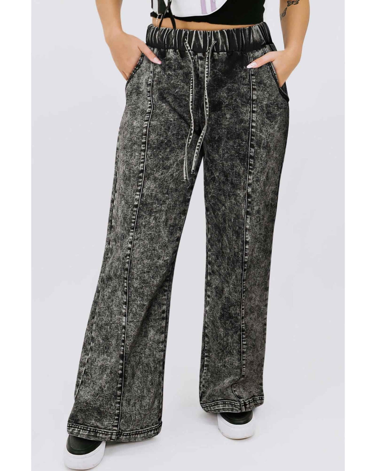 Street Style Plus Size Wide Leg Jeans – Black Tie-Dye Splicing with Drawstring Fit, Size 3X