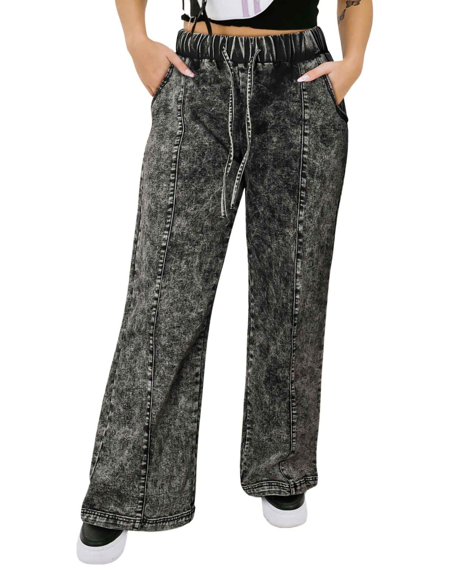 Street Style Plus Size Wide Leg Jeans – Black Tie-Dye Splicing with Drawstring Fit, Size 3X