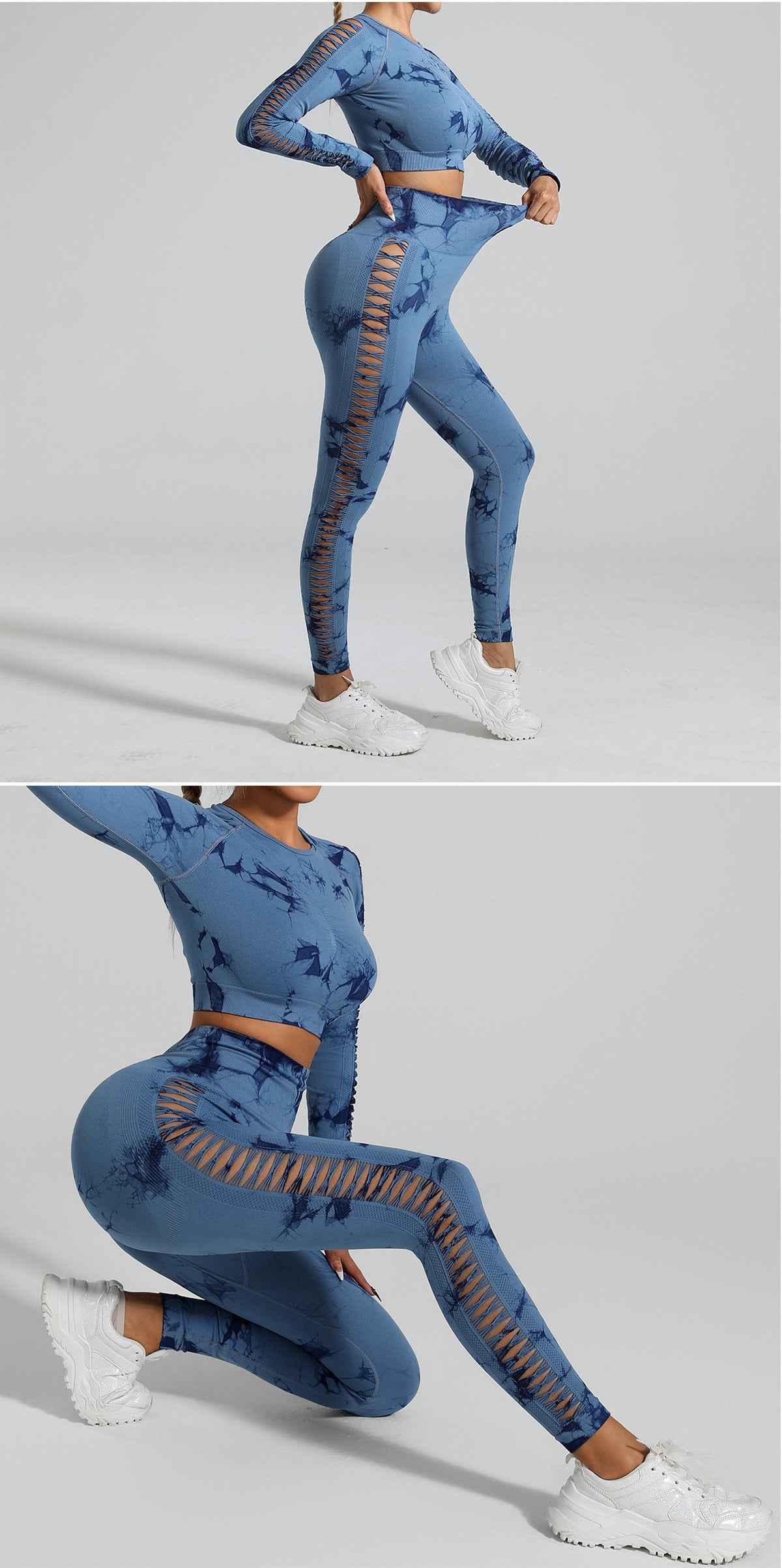 Dark Blue Tie-Dye Activewear Power Set for Women – Seamless Size L