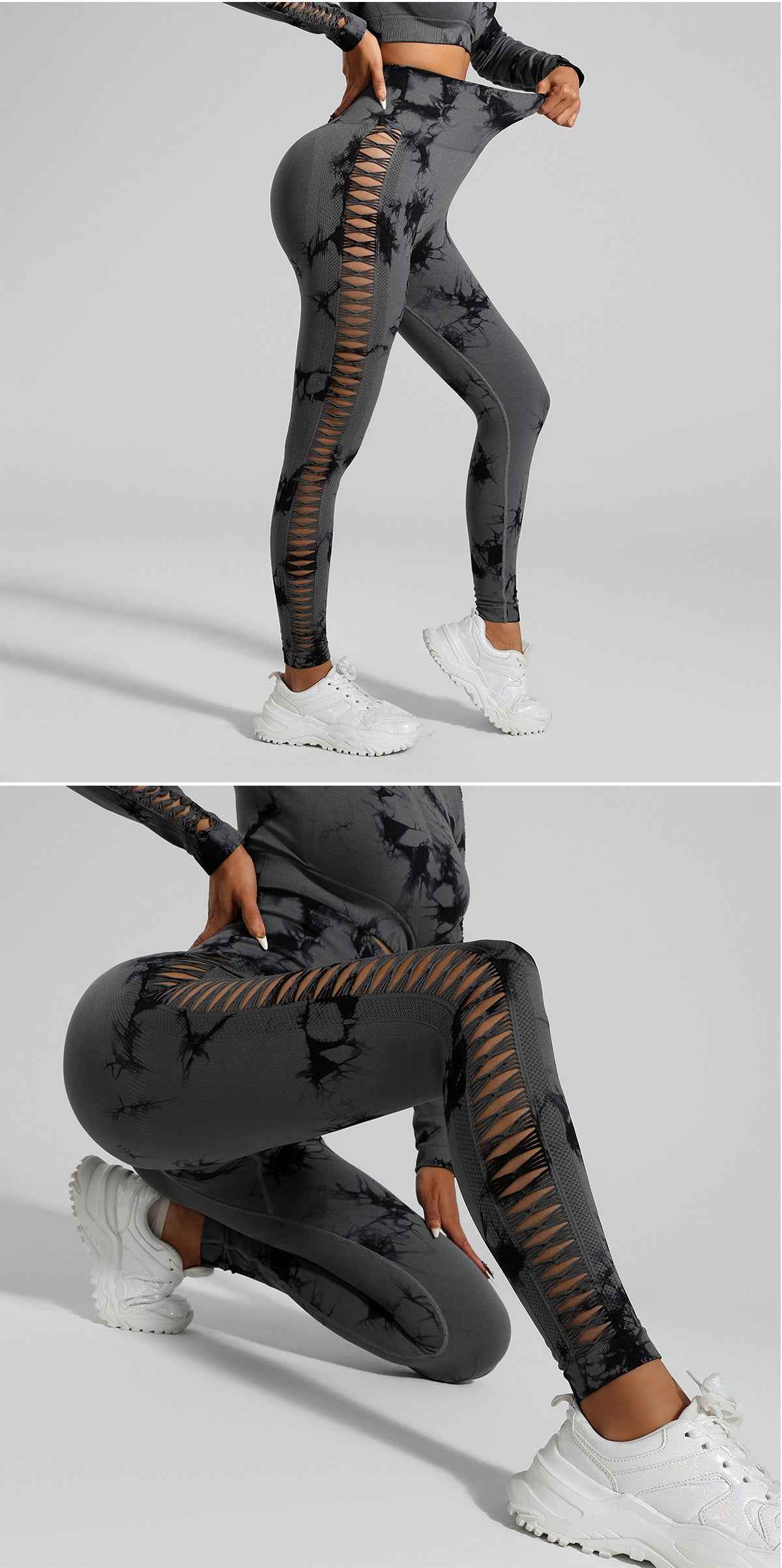 Dark Grey Tie-Dye Activewear Power Set – Women's Seamless Activewear, Size S