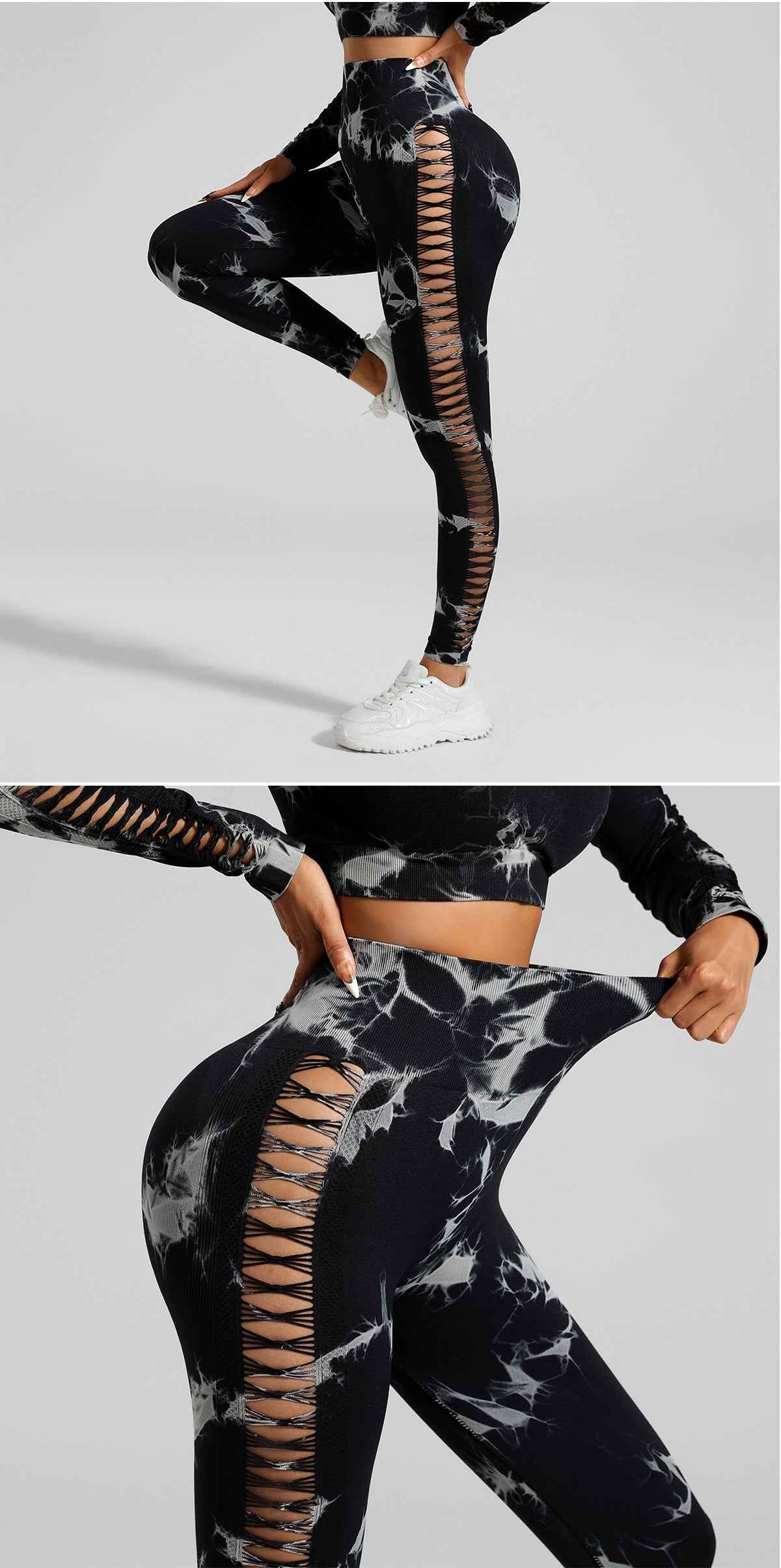 Black Grey Tie-Dye Power Set – Seamless Long Sleeve and Leggings in Size M