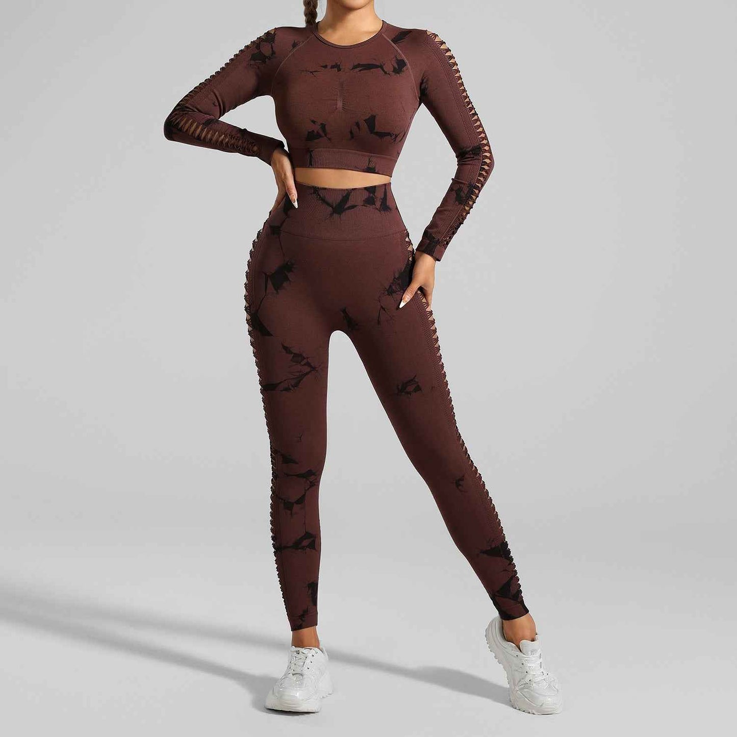 Brown and Black Tie-Dye Activewear Power Set – Seamless Design, Size S