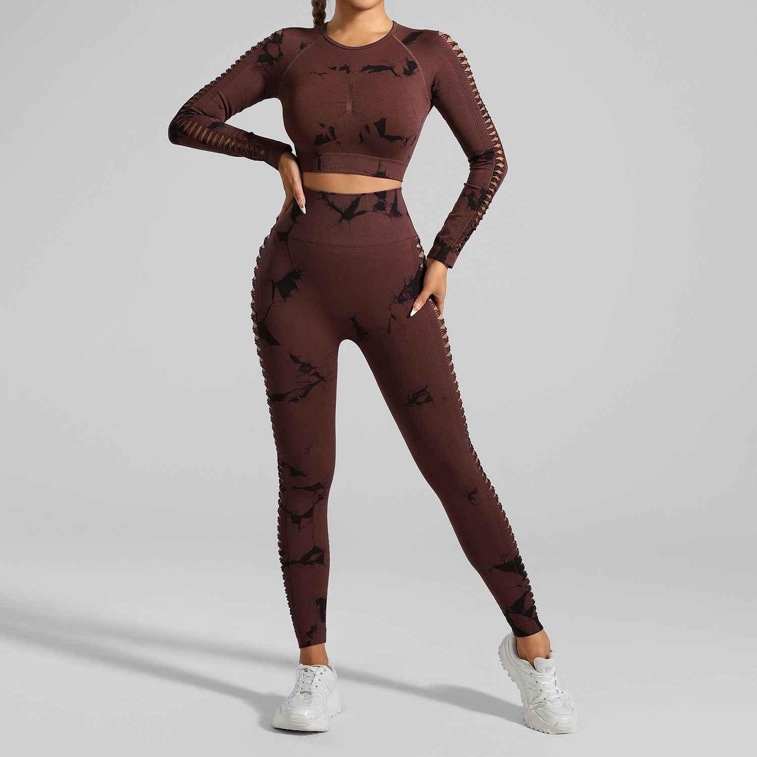 Brown and Black Tie-Dye Activewear Power Set – Seamless Design, Size S