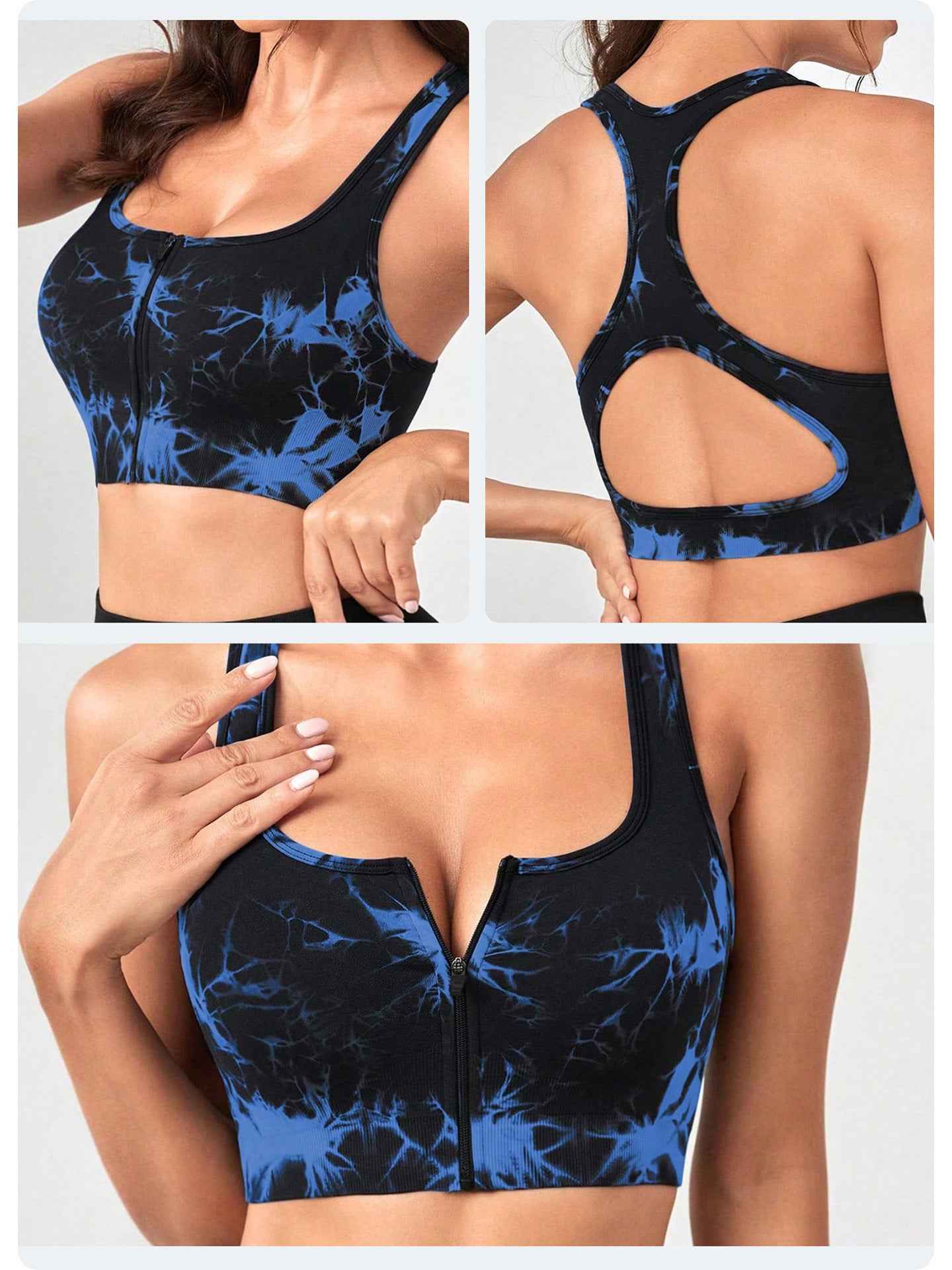 Voltage Black Tie-Dye Zip Front Sports Bra with Push-Up Design - Size S