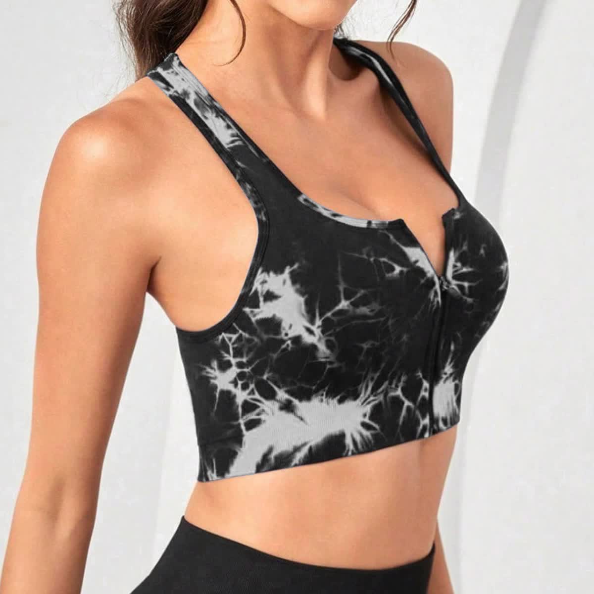 Black Tie-Dye Zip-Up Sports Bra with Push-Up – Voltage Bra in Size M - Dye My World